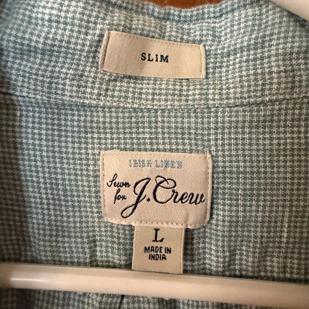 J.Crew Shirt Mens Large Green Check Long Sleeve Button Down Irish Linen Slim Fit